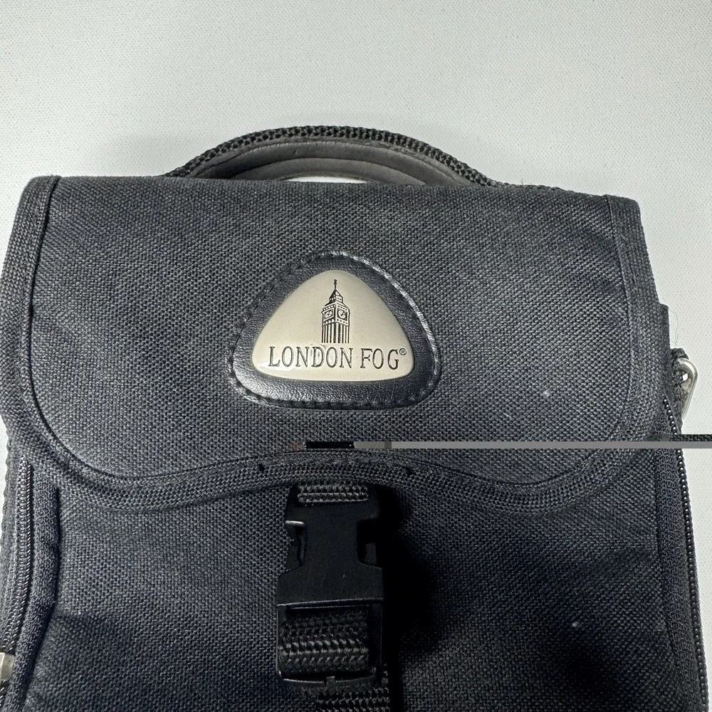 London Fog Black Canvas Camera Travel Bag w/Strap, Pockets & Adj Compartments